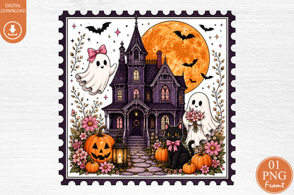 Halloween Haunted House Postage Stamp PNG Ghost Cat Pumpkin Sublimation Design
