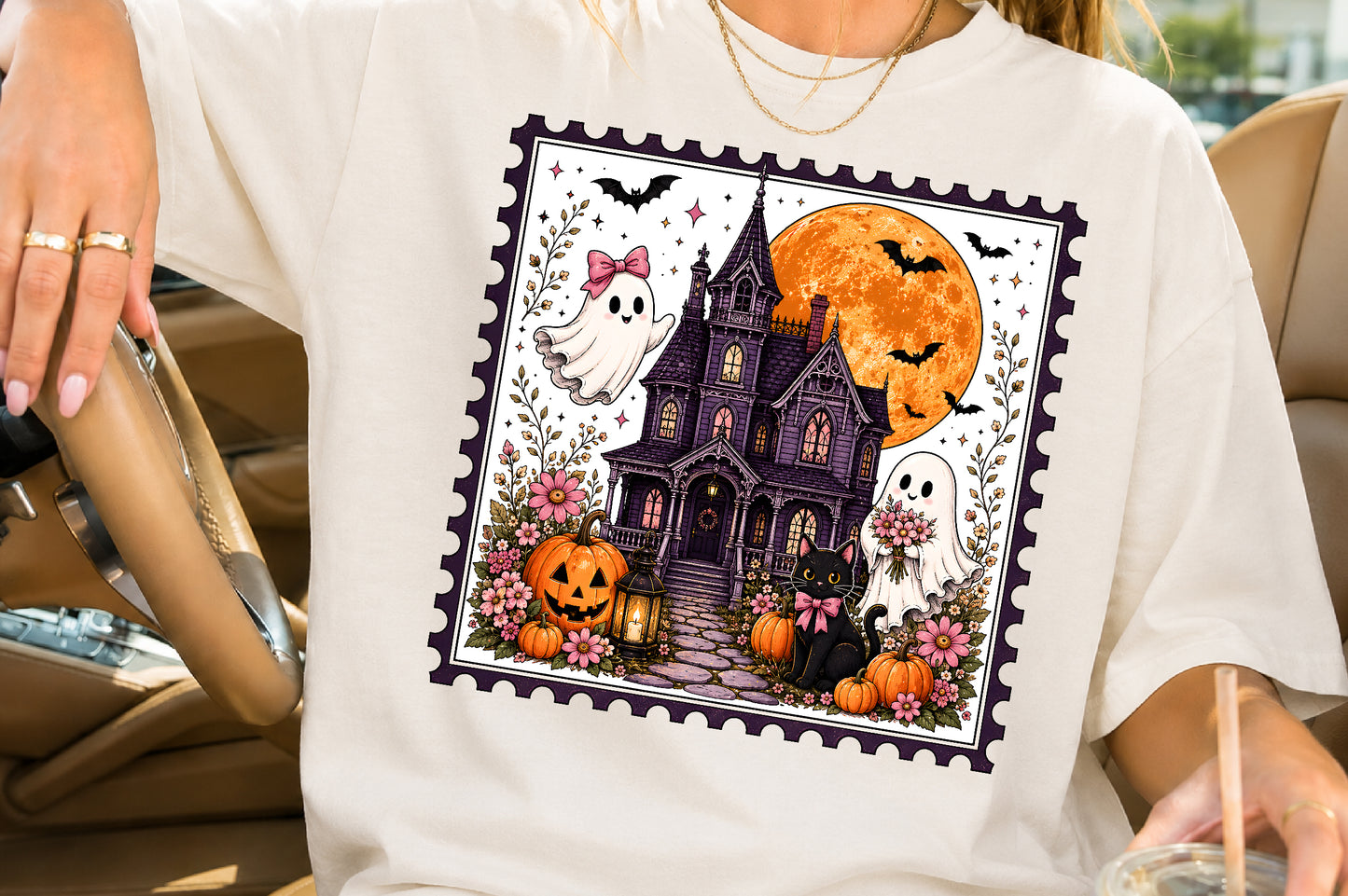 Halloween Haunted House Postage Stamp PNG Ghost Cat Pumpkin Sublimation Design
