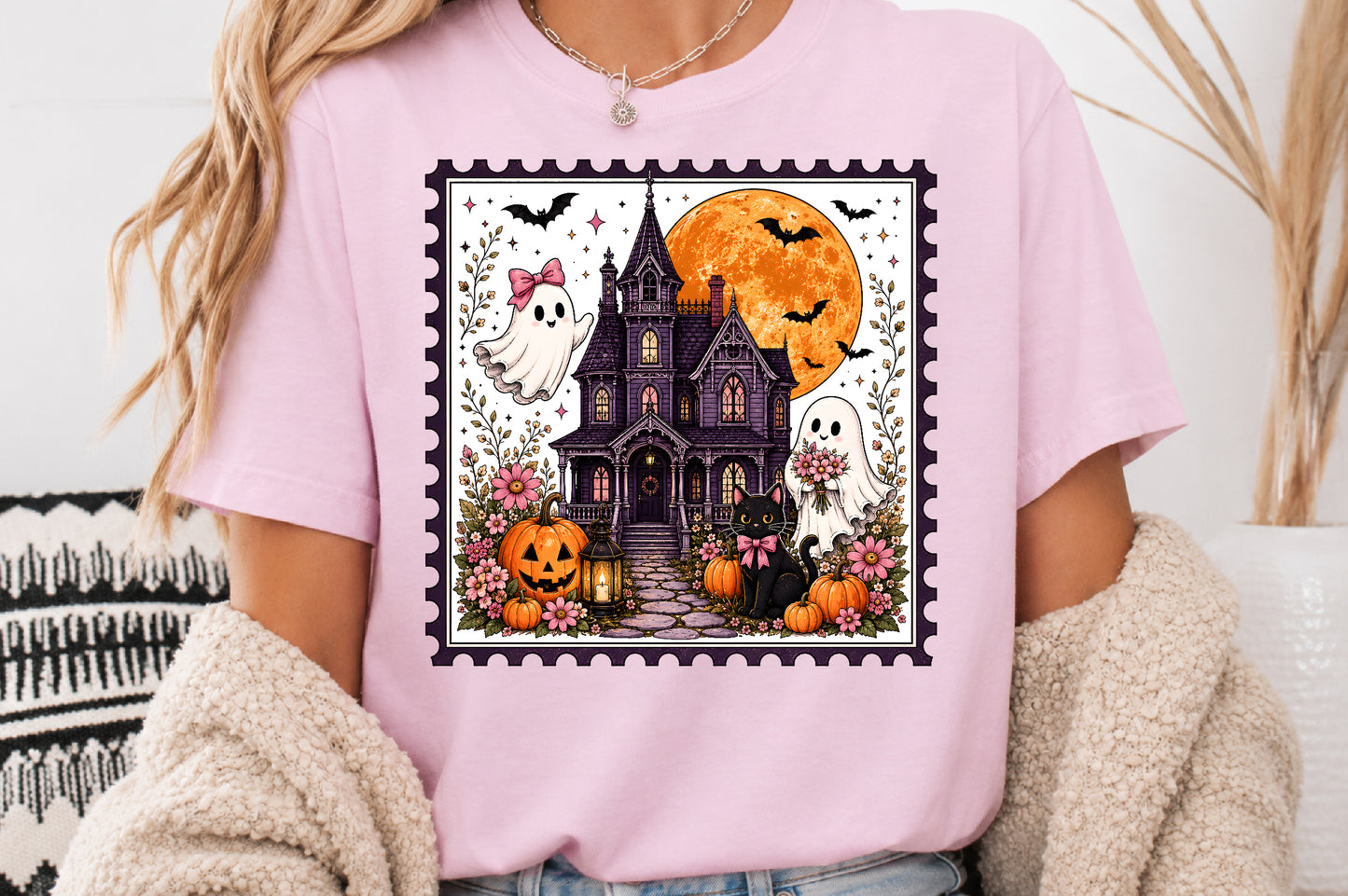 Halloween Haunted House Postage Stamp PNG Ghost Cat Pumpkin Sublimation Design