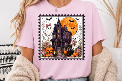 Halloween Haunted House Postage Stamp PNG Ghost Cat Pumpkin Sublimation Design