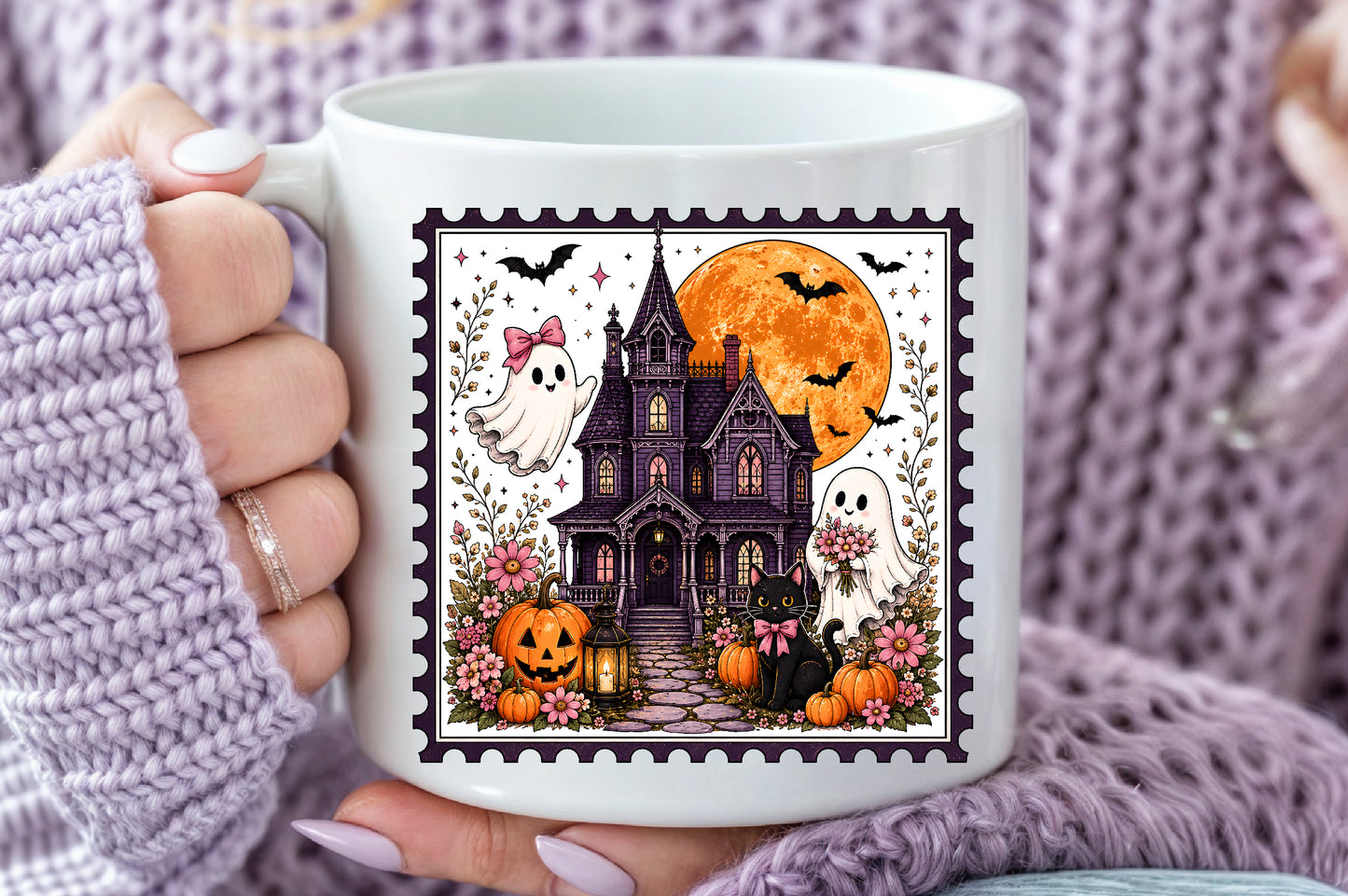 Halloween Haunted House Postage Stamp PNG Ghost Cat Pumpkin Sublimation Design