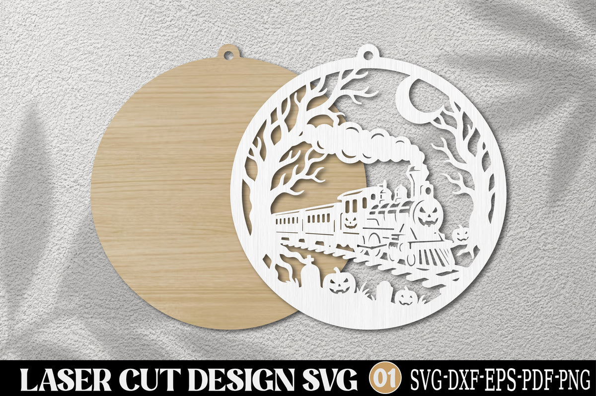 Halloween Haunted Train Laser Cut SVG | Spooky Pumpkin Train Forest Design