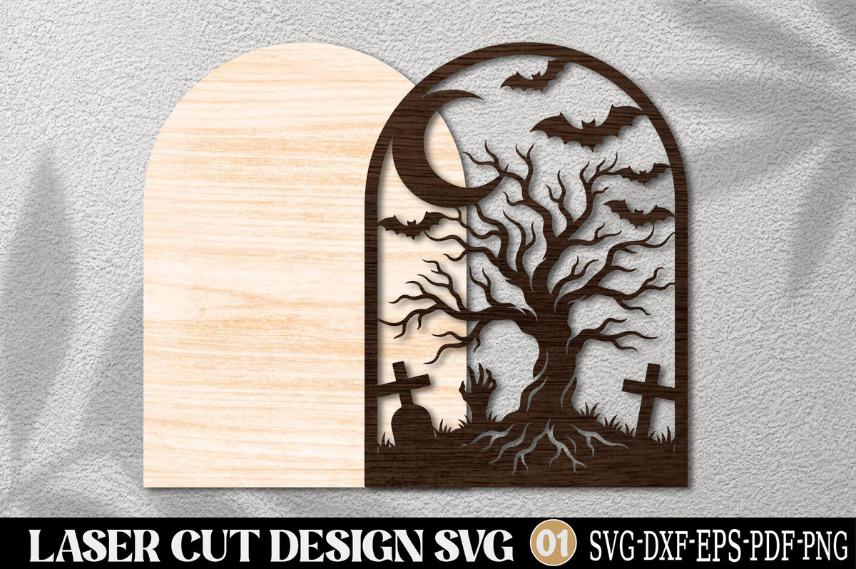 Halloween Haunted Tree Bats Laser Cut SVG | Spooky Graveyard Moon Design