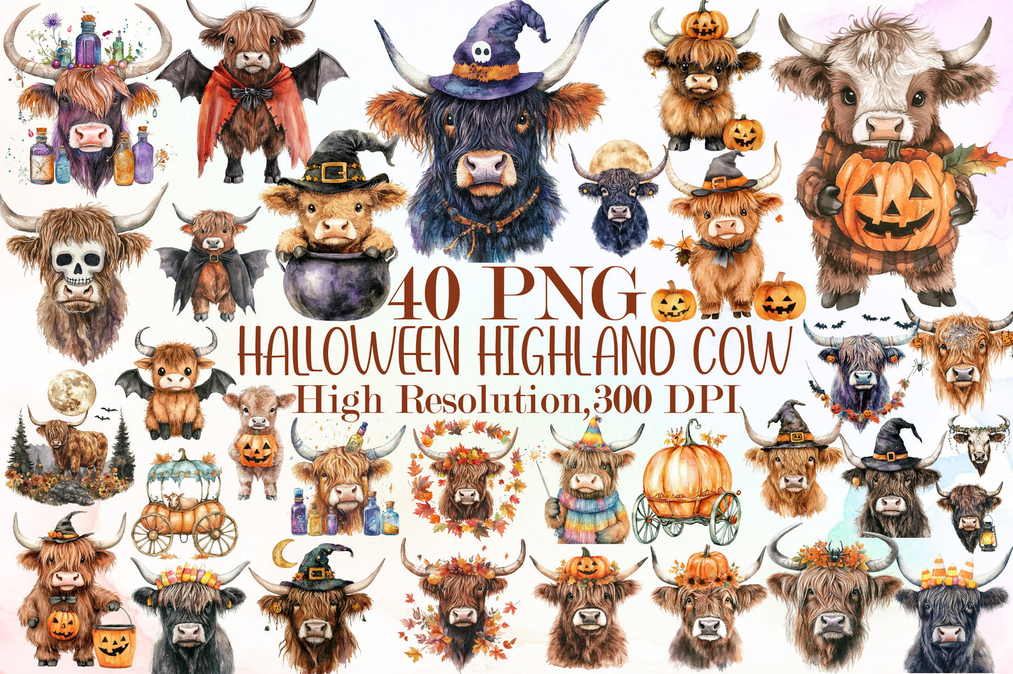 Halloween Highland Cow PNG Bundle Spooky Cow Clipart
