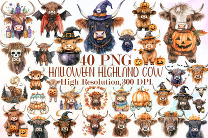 Halloween Highland Cow PNG Bundle Spooky Cow Clipart