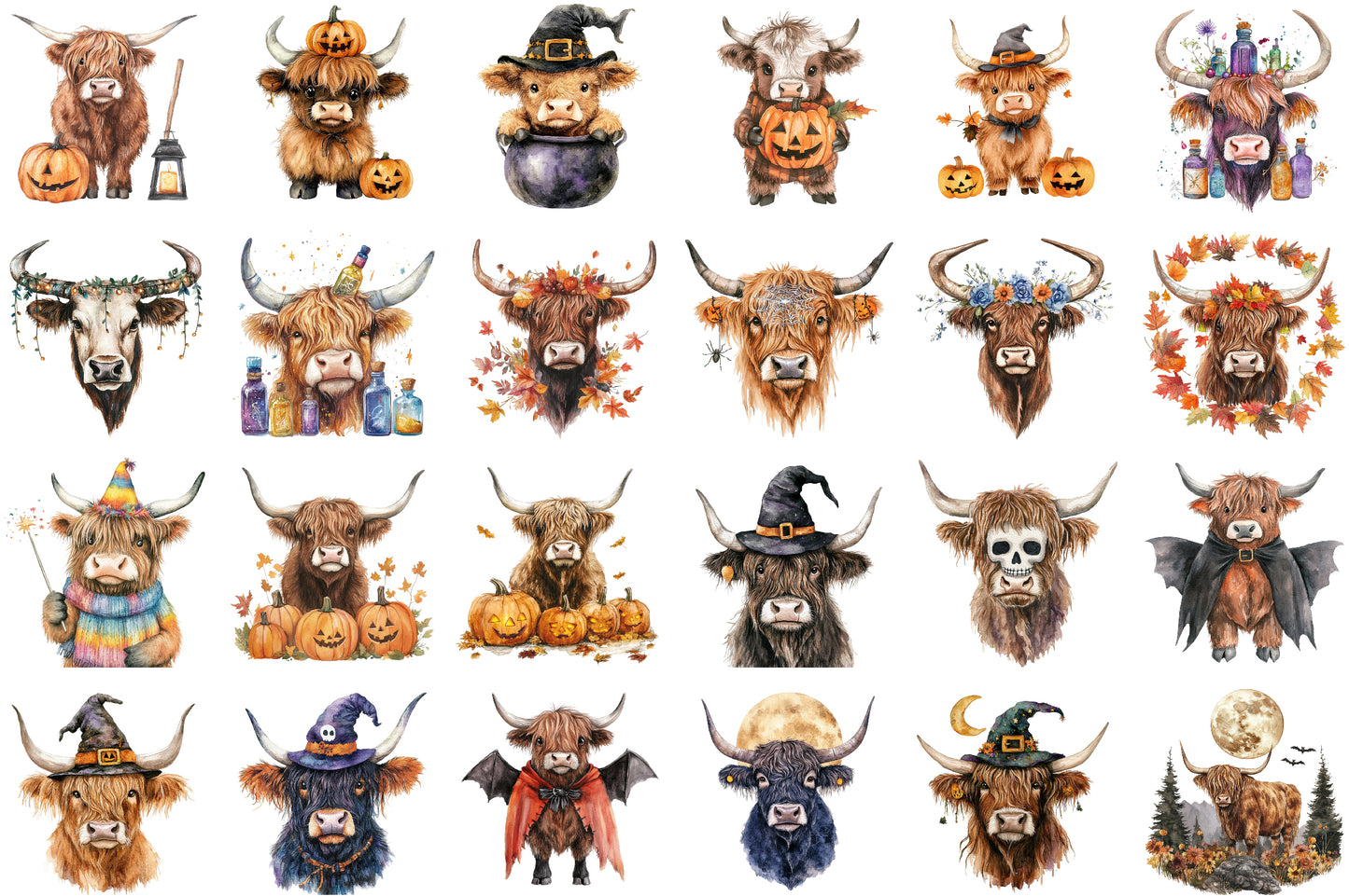 Halloween Highland Cow PNG Bundle Spooky Cow Clipart