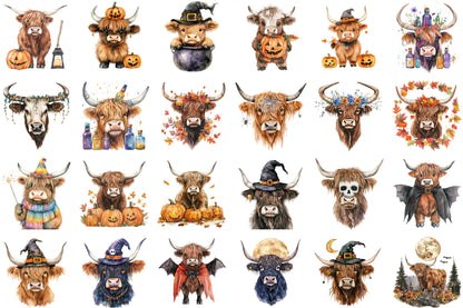 Halloween Highland Cow PNG Bundle Spooky Cow Clipart