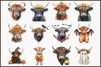 Halloween Highland Cow PNG Bundle Spooky Cow Clipart