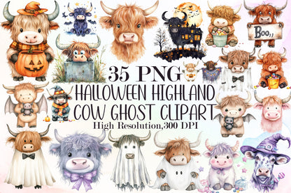Halloween Highland Cow Ghost Clipart Cute Spooky PNG Bundle