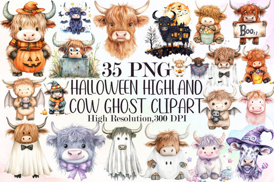 Halloween Highland Cow Ghost Clipart Cute Spooky PNG Bundle