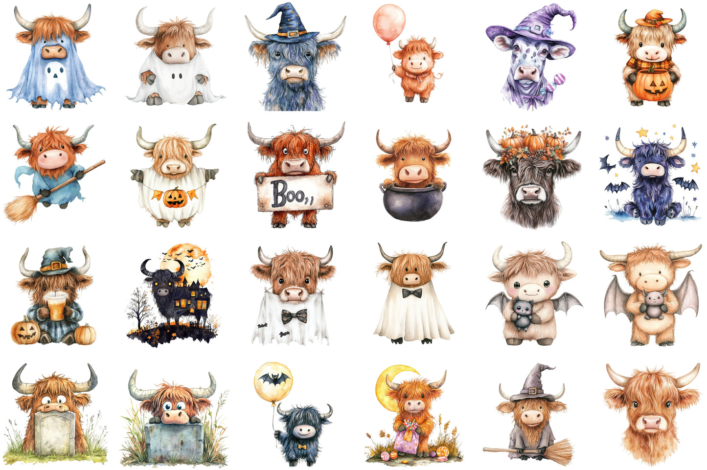Halloween Highland Cow Ghost Clipart Cute Spooky PNG Bundle