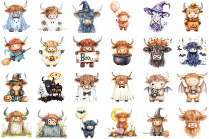 Halloween Highland Cow Ghost Clipart Cute Spooky PNG Bundle