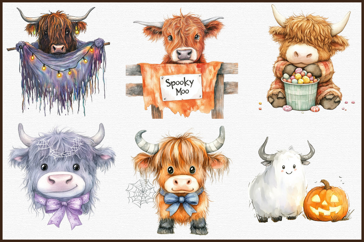 Halloween Highland Cow Ghost Clipart Cute Spooky PNG Bundle