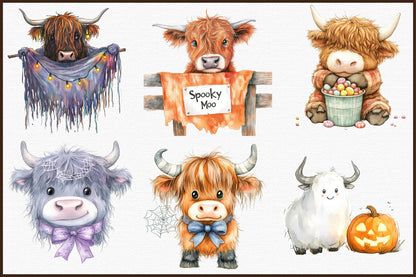 Halloween Highland Cow Ghost Clipart Cute Spooky PNG Bundle