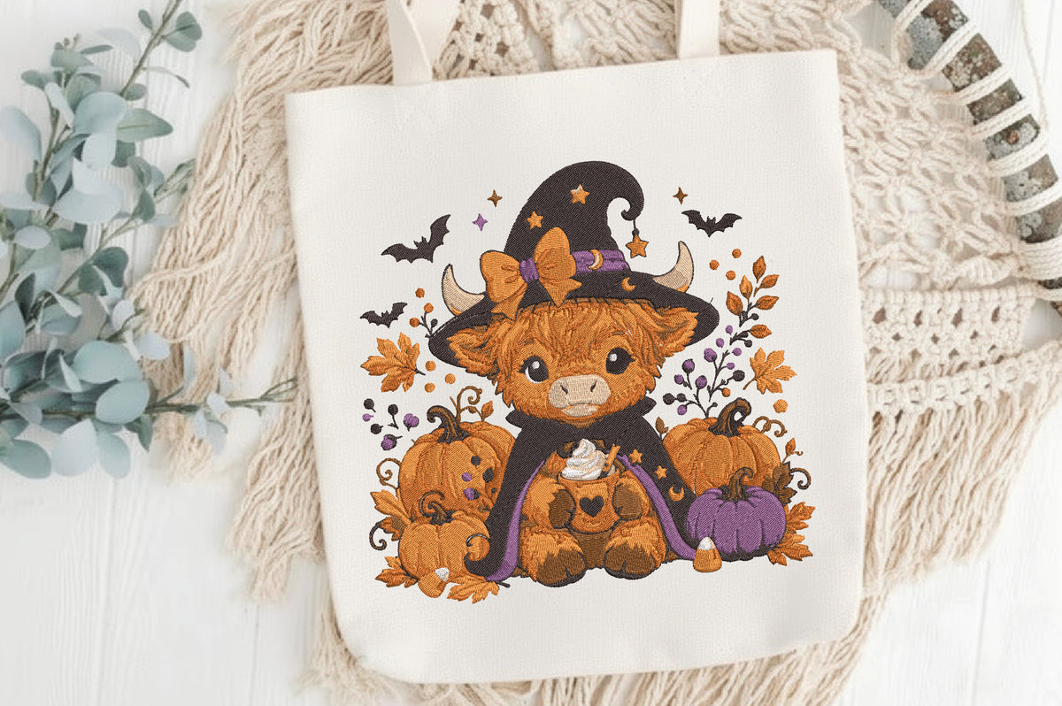 Halloween Highland Cow Witch Machine Embroidery Design – Cute Spooky Cow Embroidery Pattern, Witch Highland Cow Halloween Design