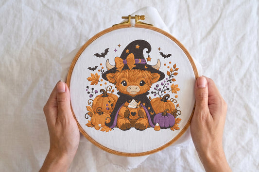Halloween Highland Cow Witch Machine Embroidery Design – Cute Spooky Cow Embroidery Pattern, Witch Highland Cow Halloween Design