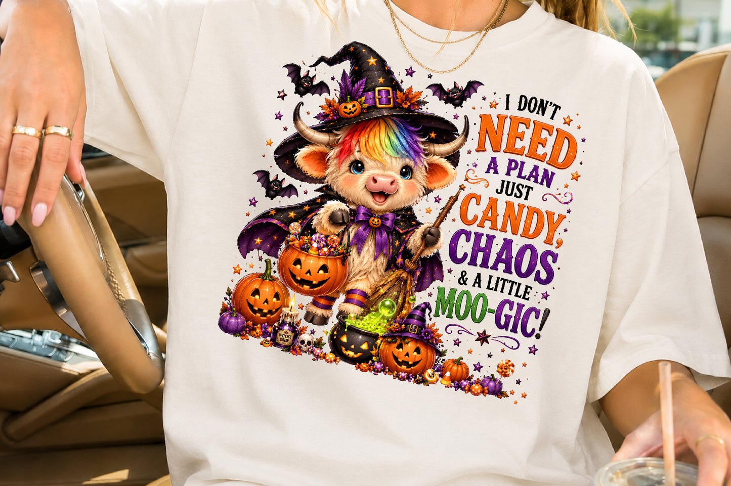 Funny Halloween Highland Cow Witch Sublimation PNG I Don’t Need A Plan Just Candy Chaos And A Little Moo-Gic