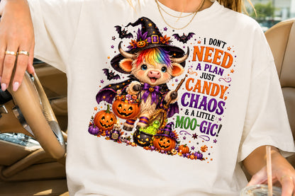 Funny Halloween Highland Cow Witch Sublimation PNG I Don’t Need A Plan Just Candy Chaos And A Little Moo-Gic