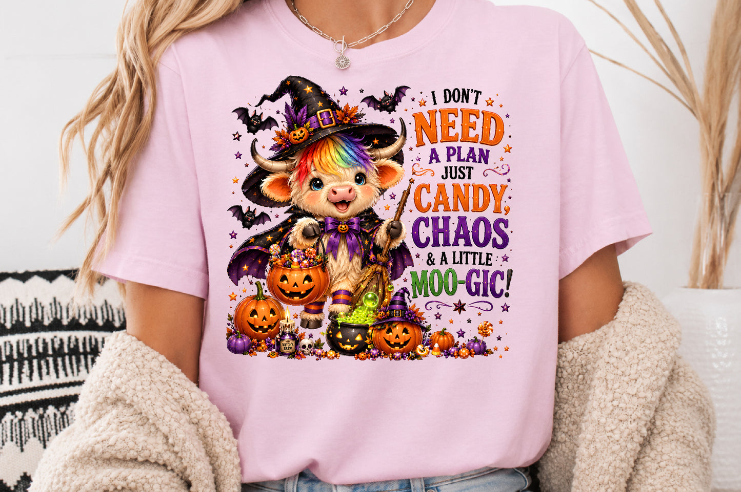 Funny Halloween Highland Cow Witch Sublimation PNG I Don’t Need A Plan Just Candy Chaos And A Little Moo-Gic
