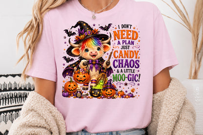 Funny Halloween Highland Cow Witch Sublimation PNG I Don’t Need A Plan Just Candy Chaos And A Little Moo-Gic