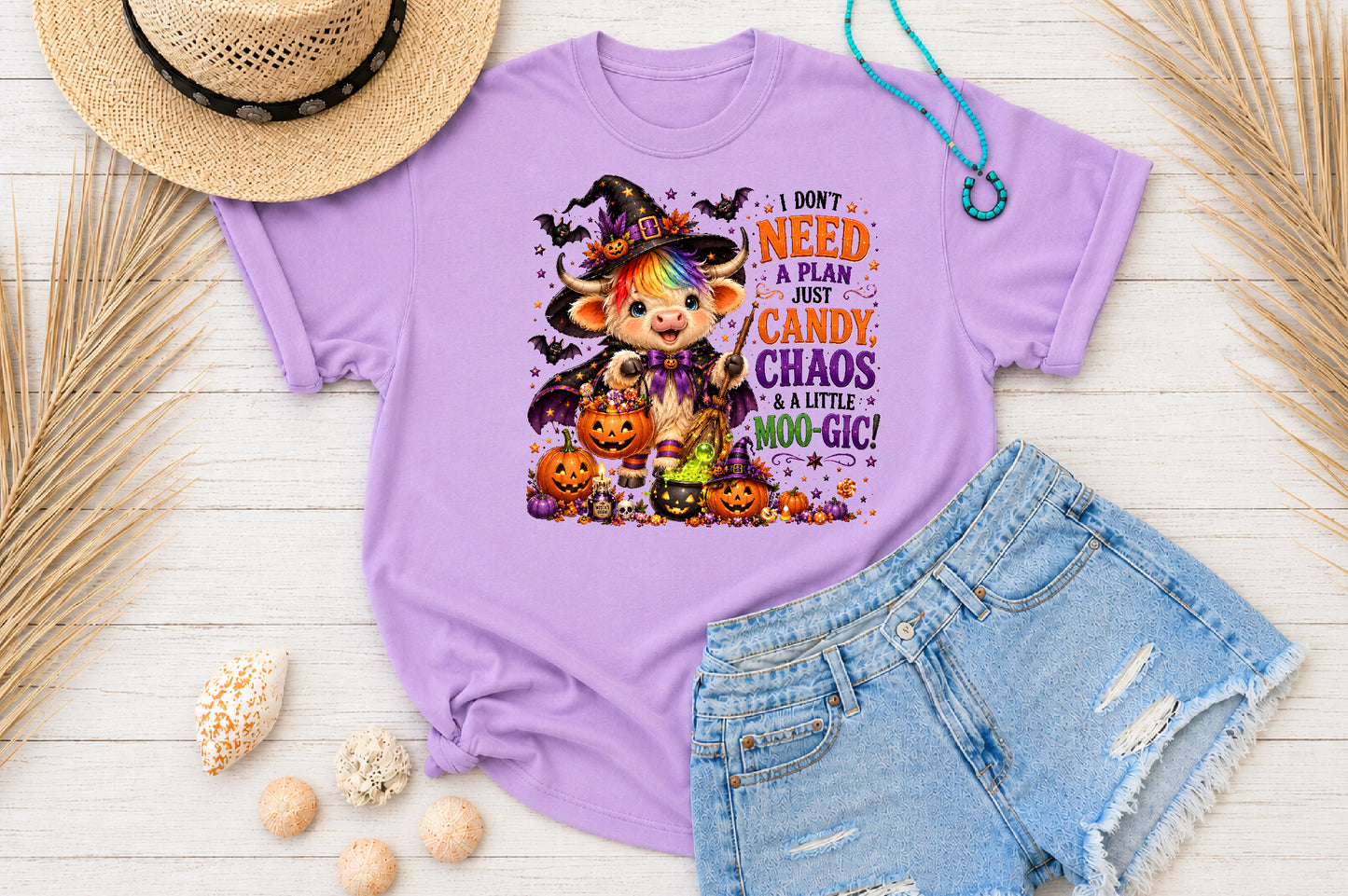 Funny Halloween Highland Cow Witch Sublimation PNG I Don’t Need A Plan Just Candy Chaos And A Little Moo-Gic