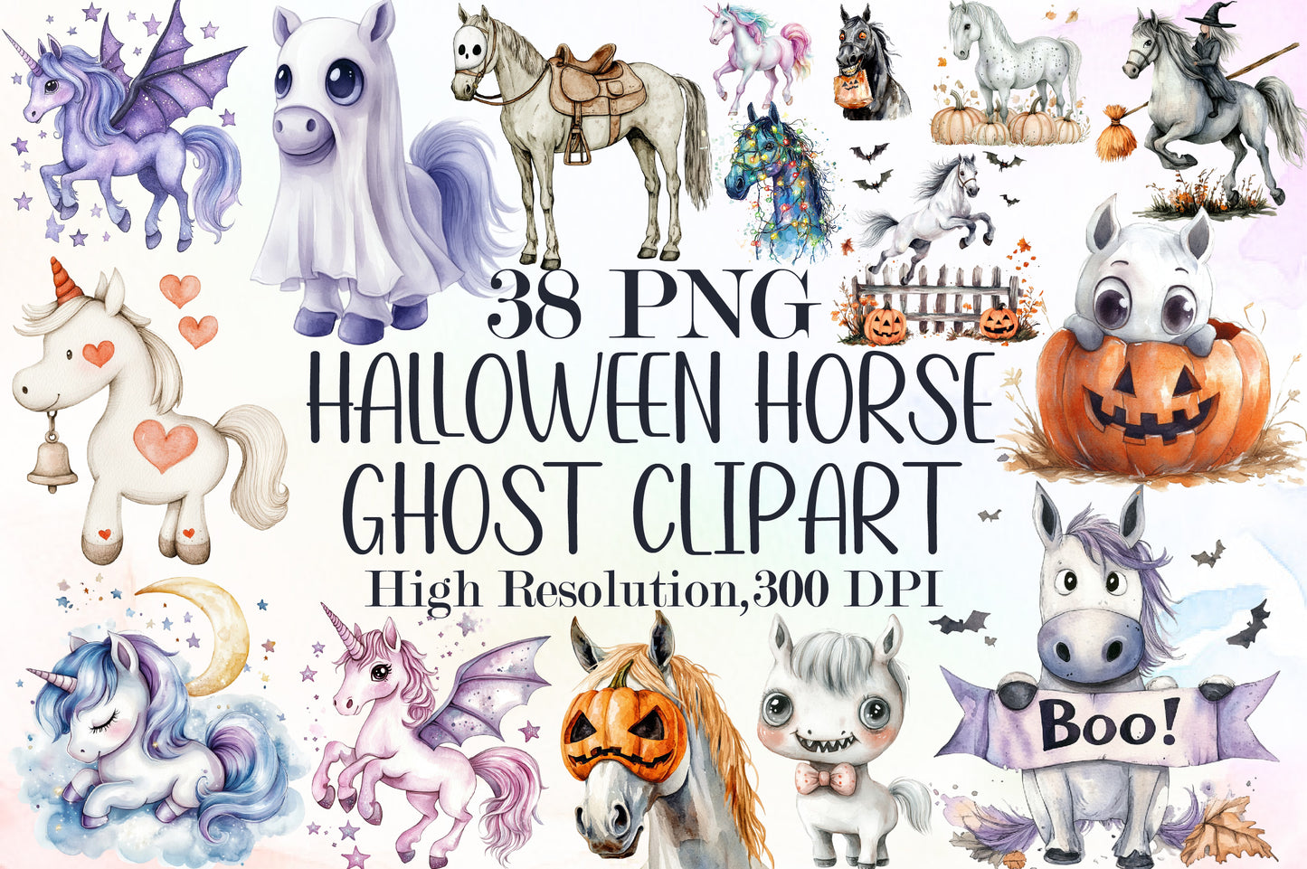 Halloween Horse Ghost Clipart Cute Spooky PNG Bundle
