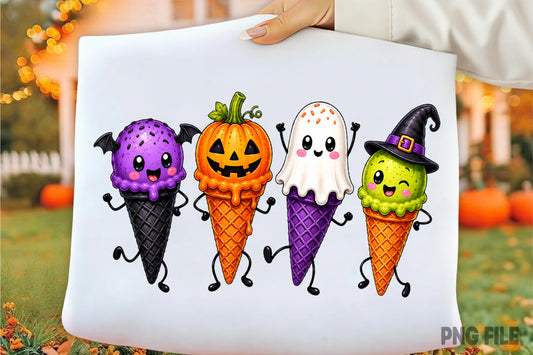 Halloween Ice Cream Cone PNG | Cute Spooky Ice Cream Characters Clipart | Halloween Dessert Sublimation Design