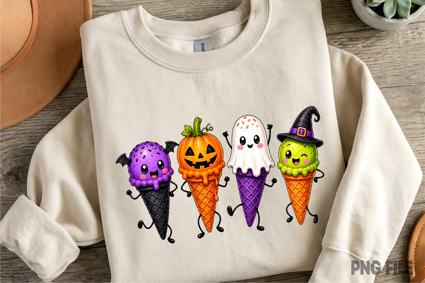 Halloween Ice Cream Cone PNG | Cute Spooky Ice Cream Characters Clipart | Halloween Dessert Sublimation Design