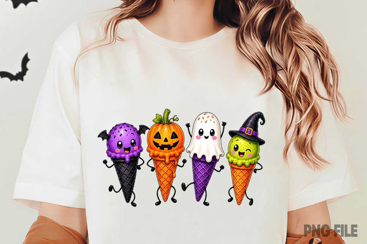 Halloween Ice Cream Cone PNG | Cute Spooky Ice Cream Characters Clipart | Halloween Dessert Sublimation Design