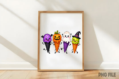 Halloween Ice Cream Cone PNG | Cute Spooky Ice Cream Characters Clipart | Halloween Dessert Sublimation Design