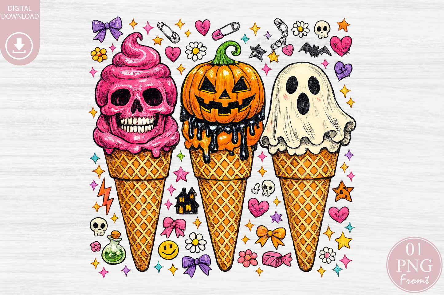 Halloween Ice Cream Sublimation PNG Bundle Spooky Skull Pumpkin Ghost Clipart