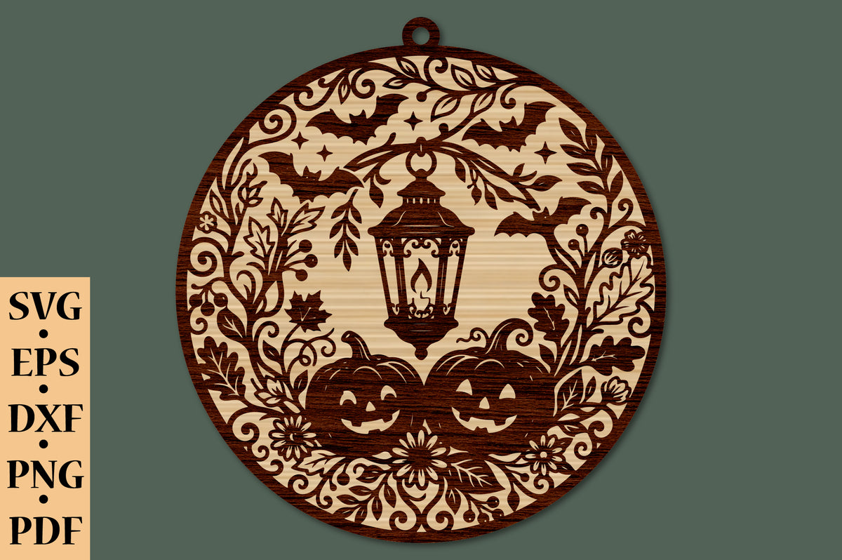 Halloween Lantern Ornament SVG Laser Cut, Pumpkin & Bat Design