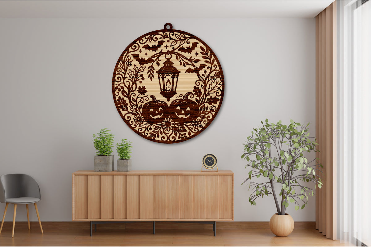 Halloween Lantern Ornament SVG Laser Cut, Pumpkin & Bat Design