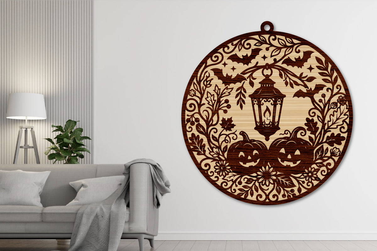 Halloween Lantern Ornament SVG Laser Cut, Pumpkin & Bat Design