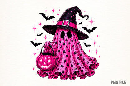 Halloween Pink Leopard Ghost PNG | Cute Spooky Witch Ghost Clipart, Pink Halloween Ghost & Pumpkin Sublimation Design