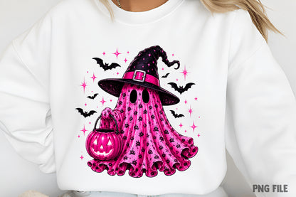 Halloween Pink Leopard Ghost PNG | Cute Spooky Witch Ghost Clipart, Pink Halloween Ghost & Pumpkin Sublimation Design