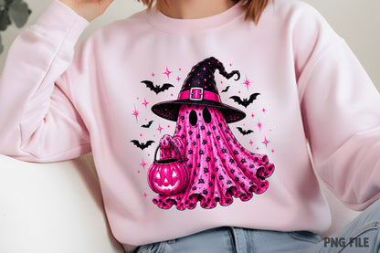 Halloween Pink Leopard Ghost PNG | Cute Spooky Witch Ghost Clipart, Pink Halloween Ghost & Pumpkin Sublimation Design