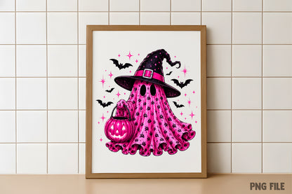 Halloween Pink Leopard Ghost PNG | Cute Spooky Witch Ghost Clipart, Pink Halloween Ghost & Pumpkin Sublimation Design