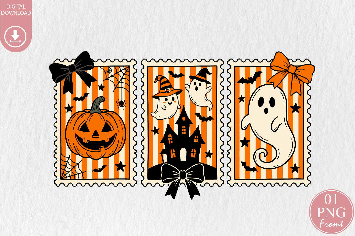 Halloween Postage Stamp PNG Pumpkin Ghost Haunted House Sublimation Design