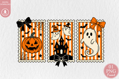 Halloween Postage Stamp PNG Pumpkin Ghost Haunted House Sublimation Design