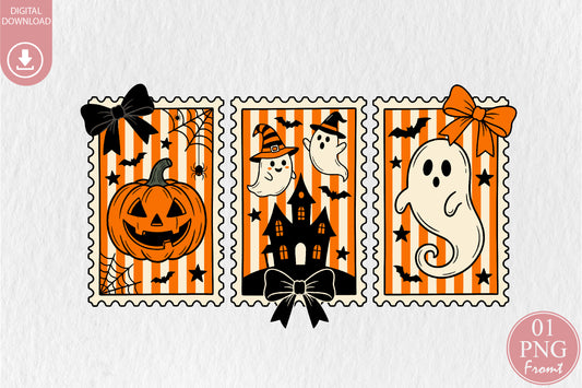 Halloween Postage Stamp PNG Pumpkin Ghost Haunted House Sublimation Design