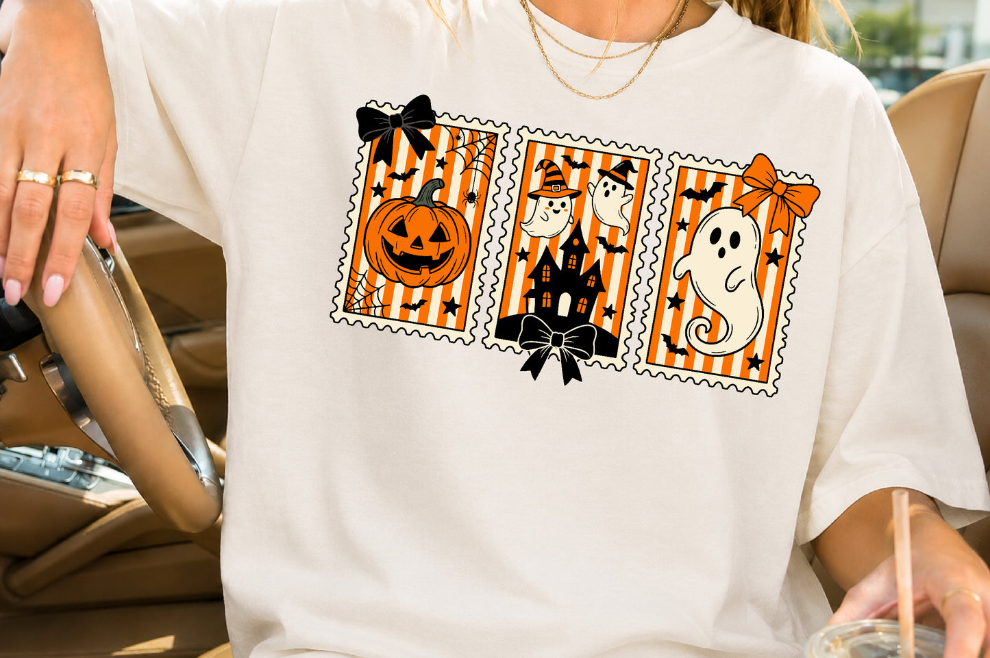 Halloween Postage Stamp PNG Pumpkin Ghost Haunted House Sublimation Design