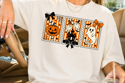 Halloween Postage Stamp PNG Pumpkin Ghost Haunted House Sublimation Design