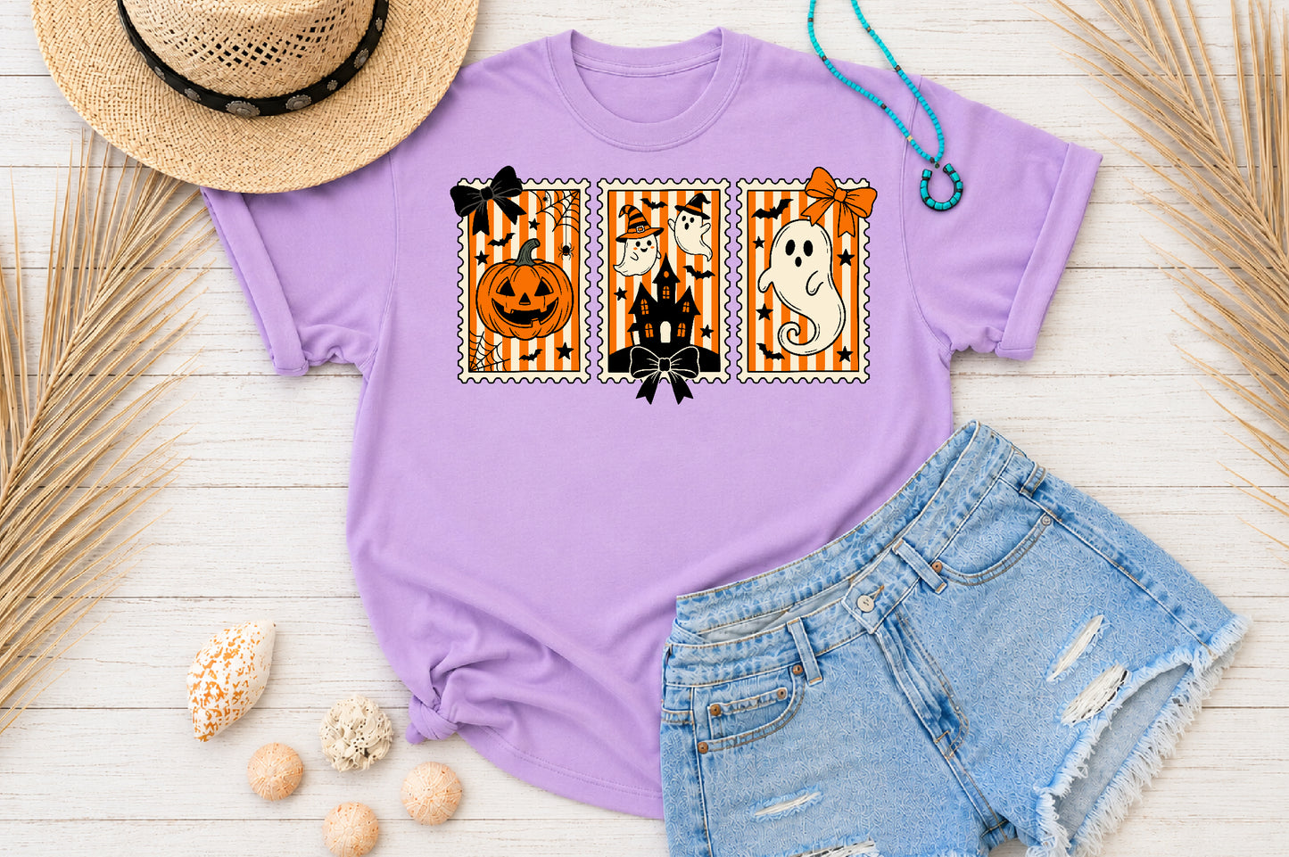 Halloween Postage Stamp PNG Pumpkin Ghost Haunted House Sublimation Design