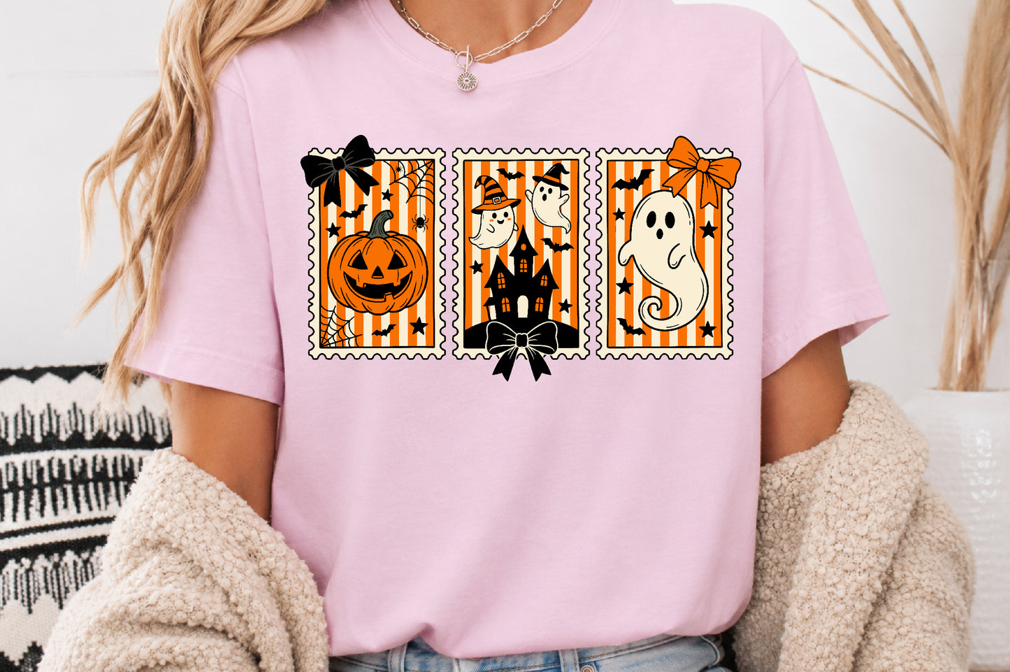 Halloween Postage Stamp PNG Pumpkin Ghost Haunted House Sublimation Design