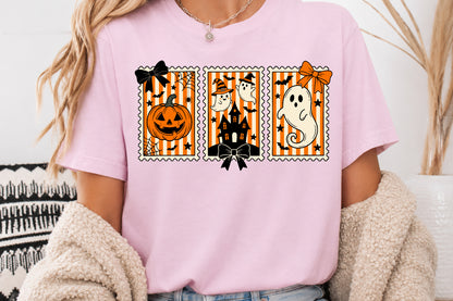 Halloween Postage Stamp PNG Pumpkin Ghost Haunted House Sublimation Design