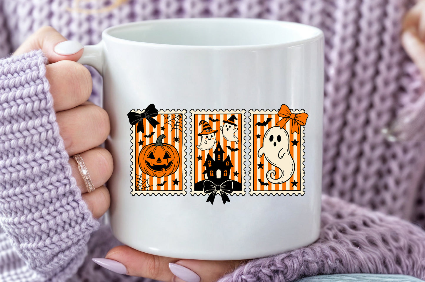 Halloween Postage Stamp PNG Pumpkin Ghost Haunted House Sublimation Design