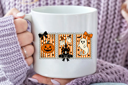 Halloween Postage Stamp PNG Pumpkin Ghost Haunted House Sublimation Design