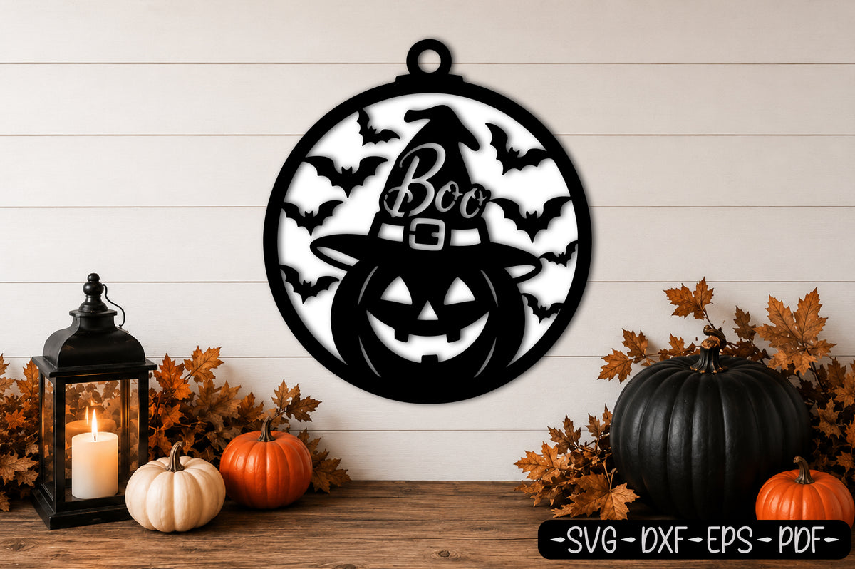 Halloween Pumpkin Boo Ornament Laser Cut SVG | Witch Bat