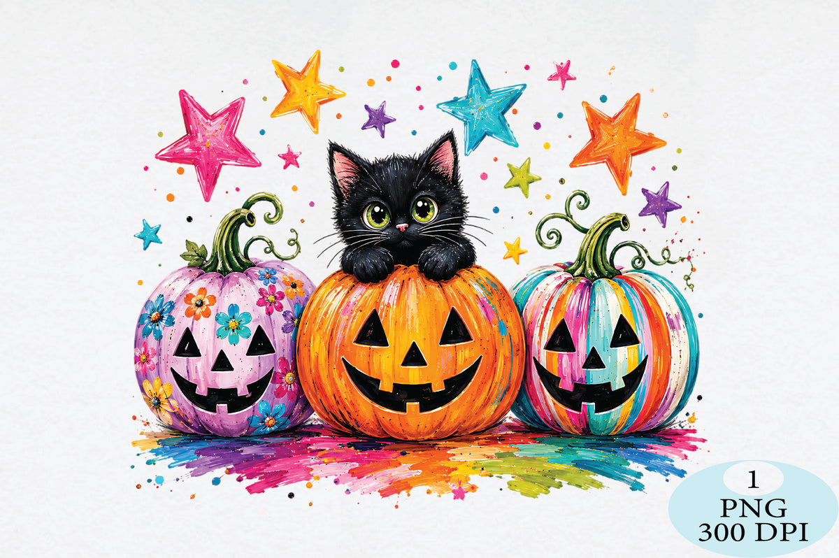 Halloween Pumpkin Cat PNG Cute Colorful Jack O Lantern